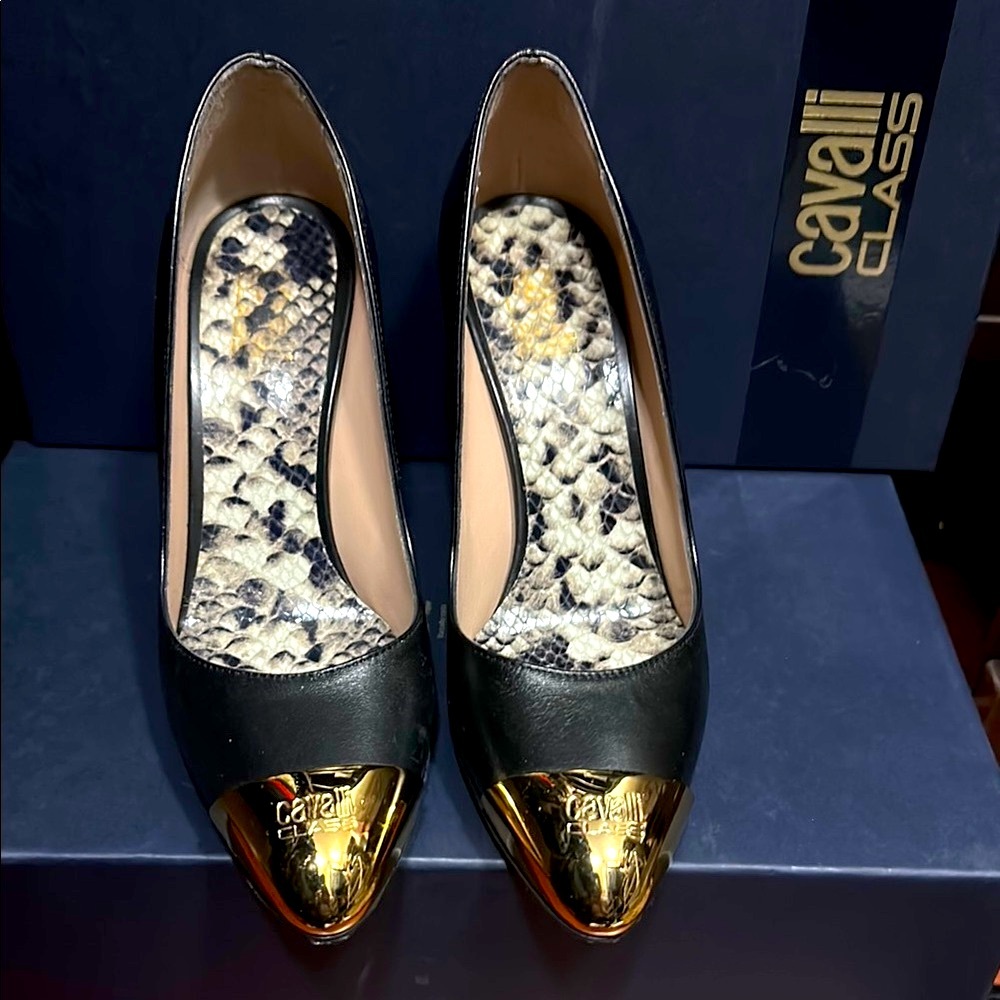 Cavalli Class Black Leather and Gold Metal Toe Cap Pumps